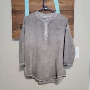 Tempo Paris Gray Linen Blend 3/4 Sleeve Mandarin Collar Minimalist Blouse M/L